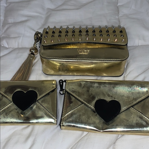 VICTORIA'S SECRET SHINY GOLD STUDDED CROSSBODY + 2 WALLETS RARE FIND - Picture 1 of 15